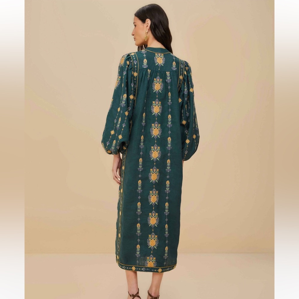FARM Rio Pineapple Embroidered Green Linen Tunic Maxi Dress Size Large NWT - Picture 3 of 16